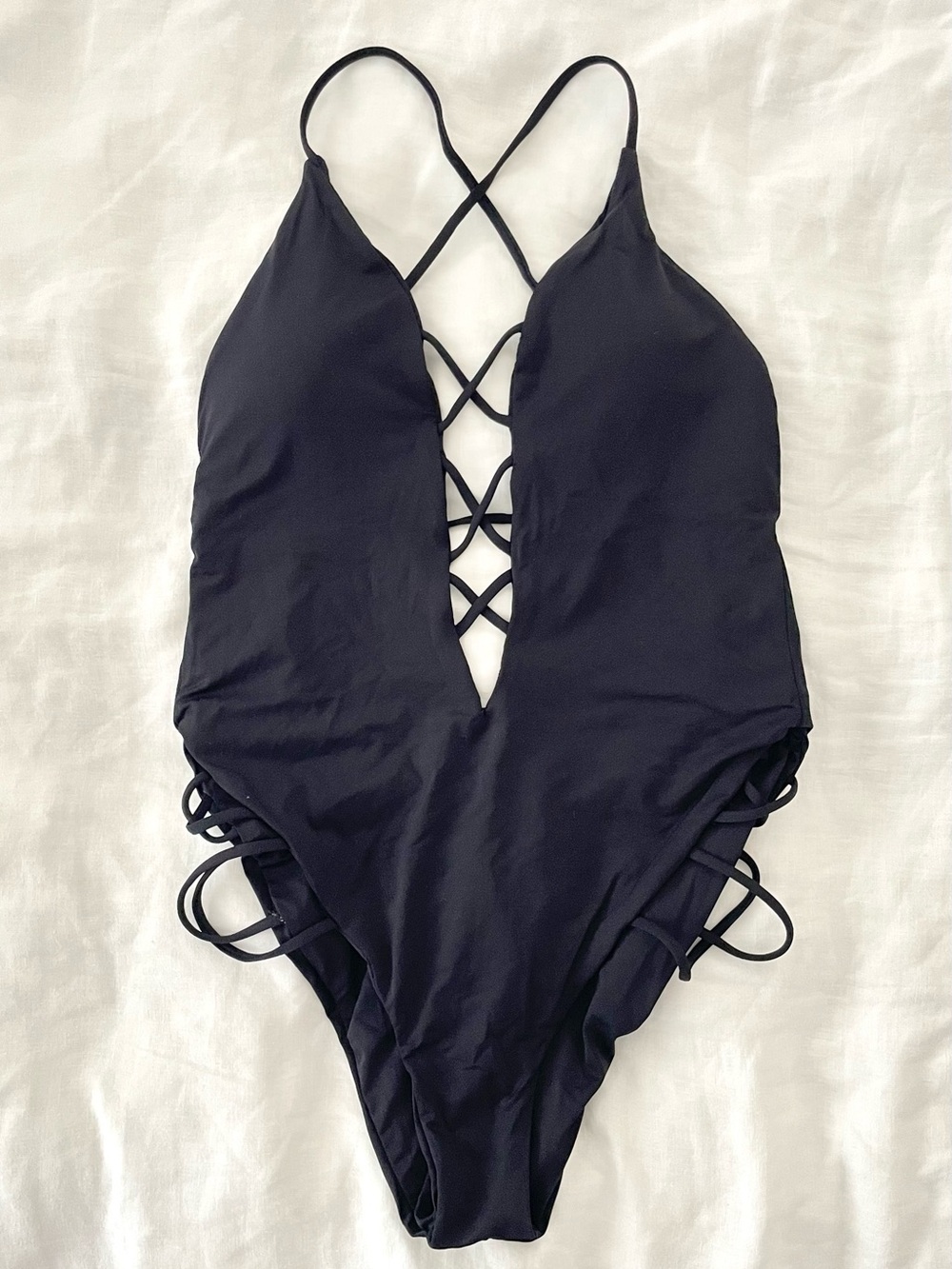 Isabella Rose Black Strappy One-Piece Swimsuit, Lg